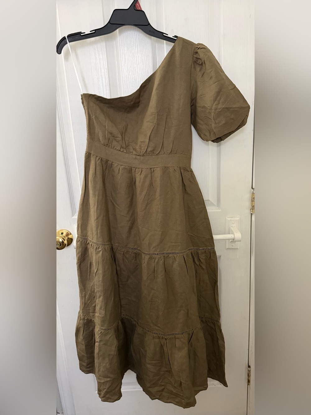 Love Bonito One-Shoulder Olive Brown Midi Dress with Puff Sleeve
